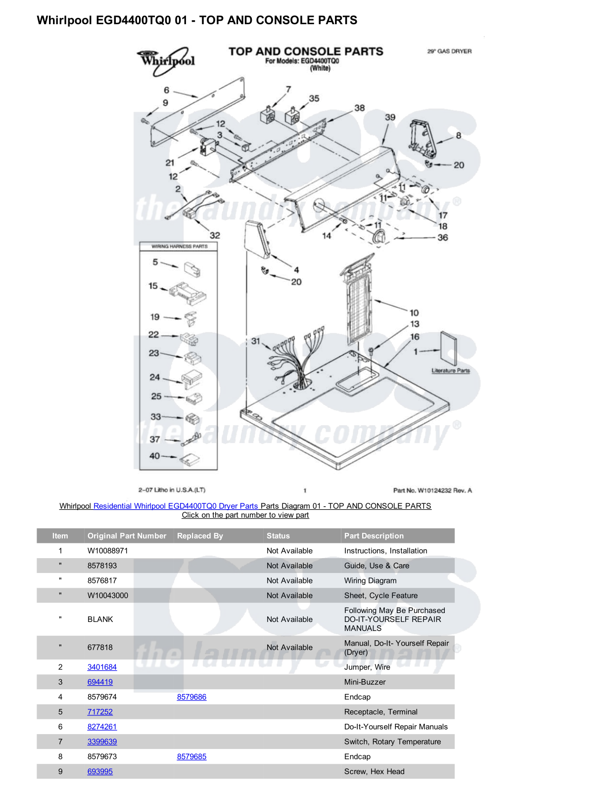 Whirlpool EGD4400TQ0 Parts Diagram