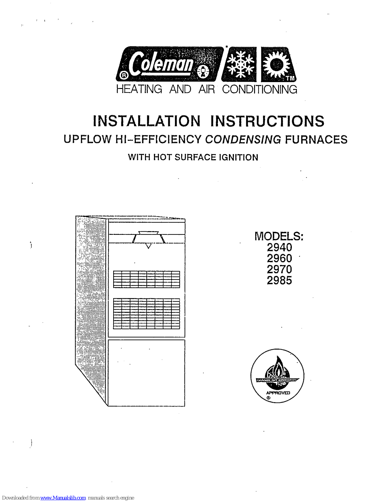 Coleman 2940, 2960, 2985, 2970 Installation Instructions Manual