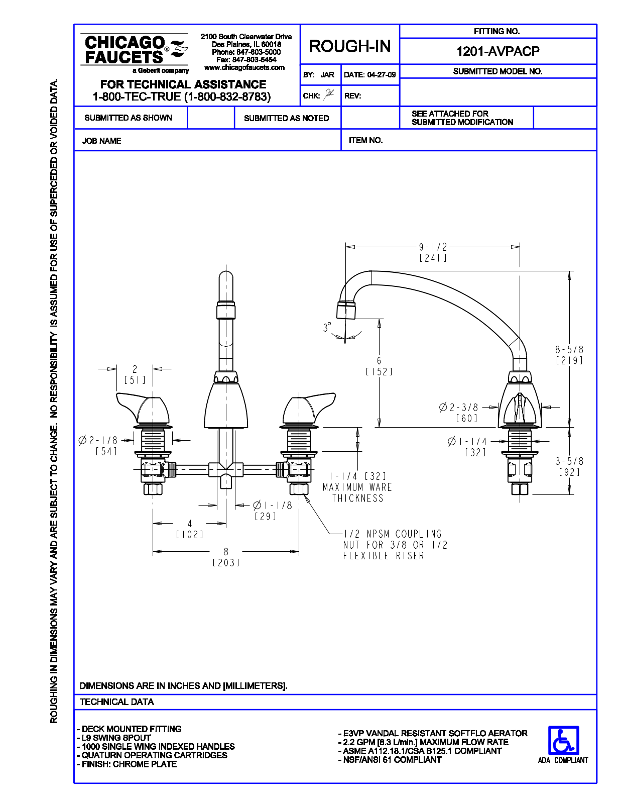 Chicago Faucet 1201-AVPA User Manual