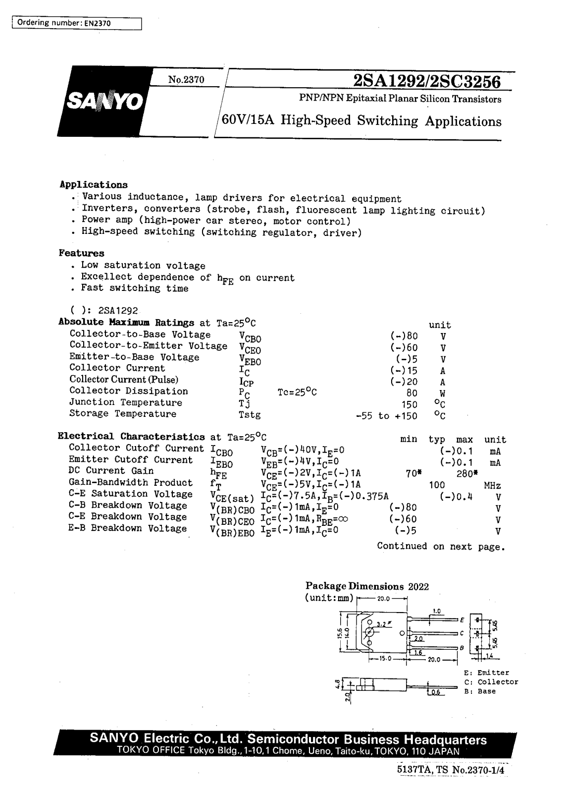 SANYO 2SA1292 Datasheet