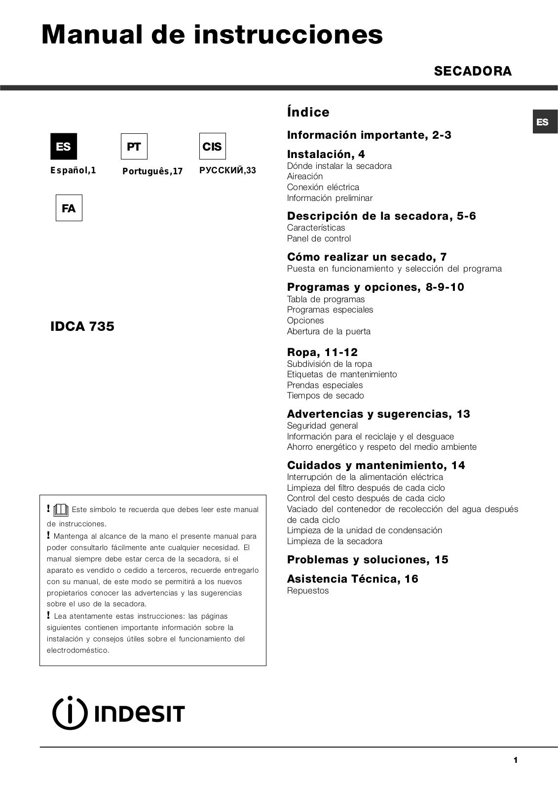 INDESIT IDCA 735 B (EU) User Manual