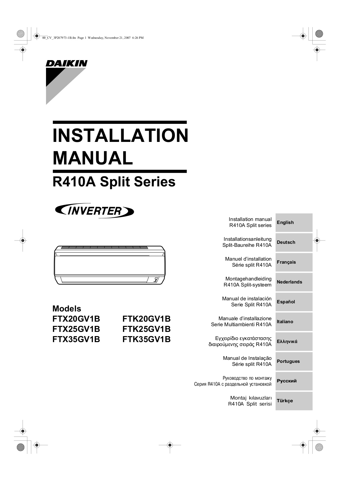 Daikin FTX20GV1B Installation manuals