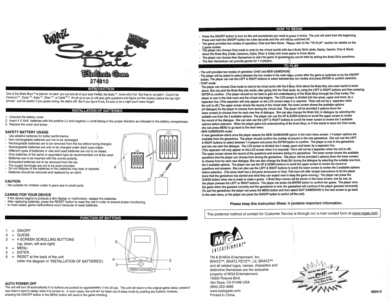 Mga Entertainment BRATZ SECRET DATE ELECTRONIC GAME User Manual