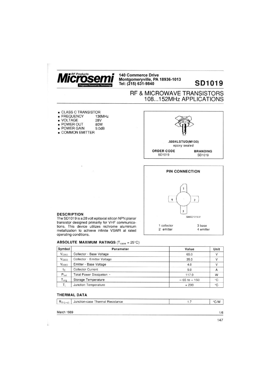 Microsemi Corporation SD1019-05 Datasheet