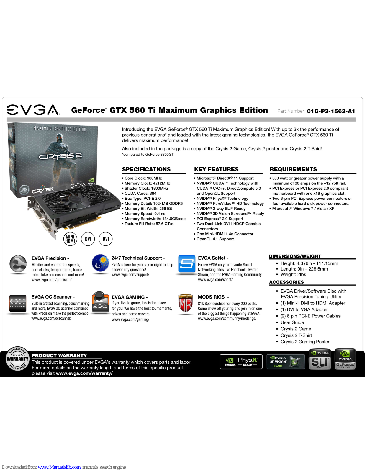 EVGA GeForce GTX 560 Ti Maximum Graphics Edition Crysis 2, GeForce GTX 560 Ti Maximum Graphics Edition, 01G-P3-1563-A1 Specification - ManualMachine.com