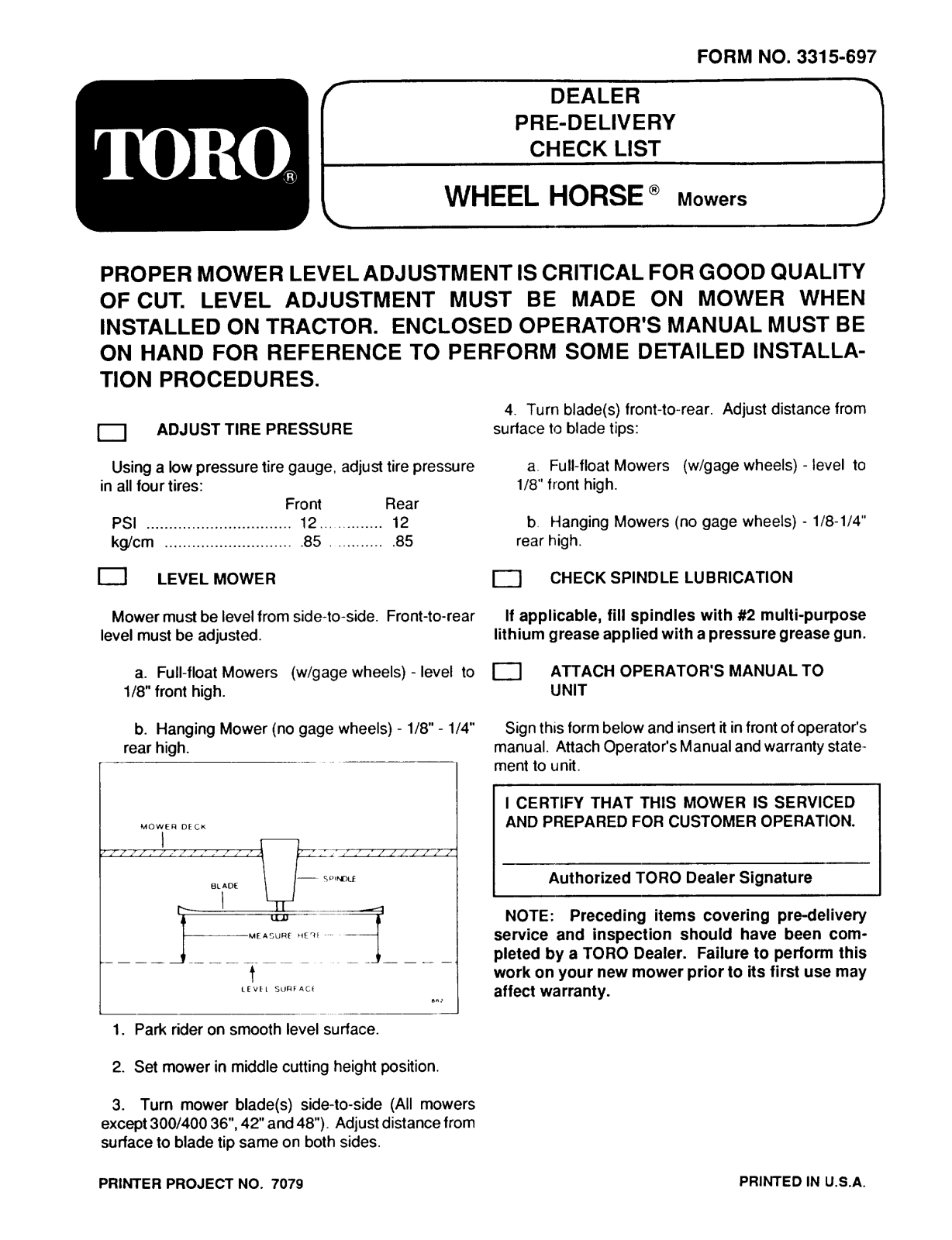 Toro 35-36RL03, 78215, 78225, 78300, 78305 Setup Instructions