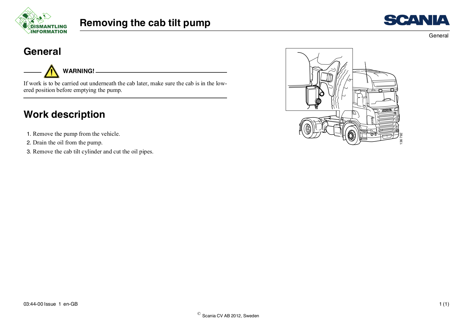 Scania Removing the cab tilt pump Service Manual