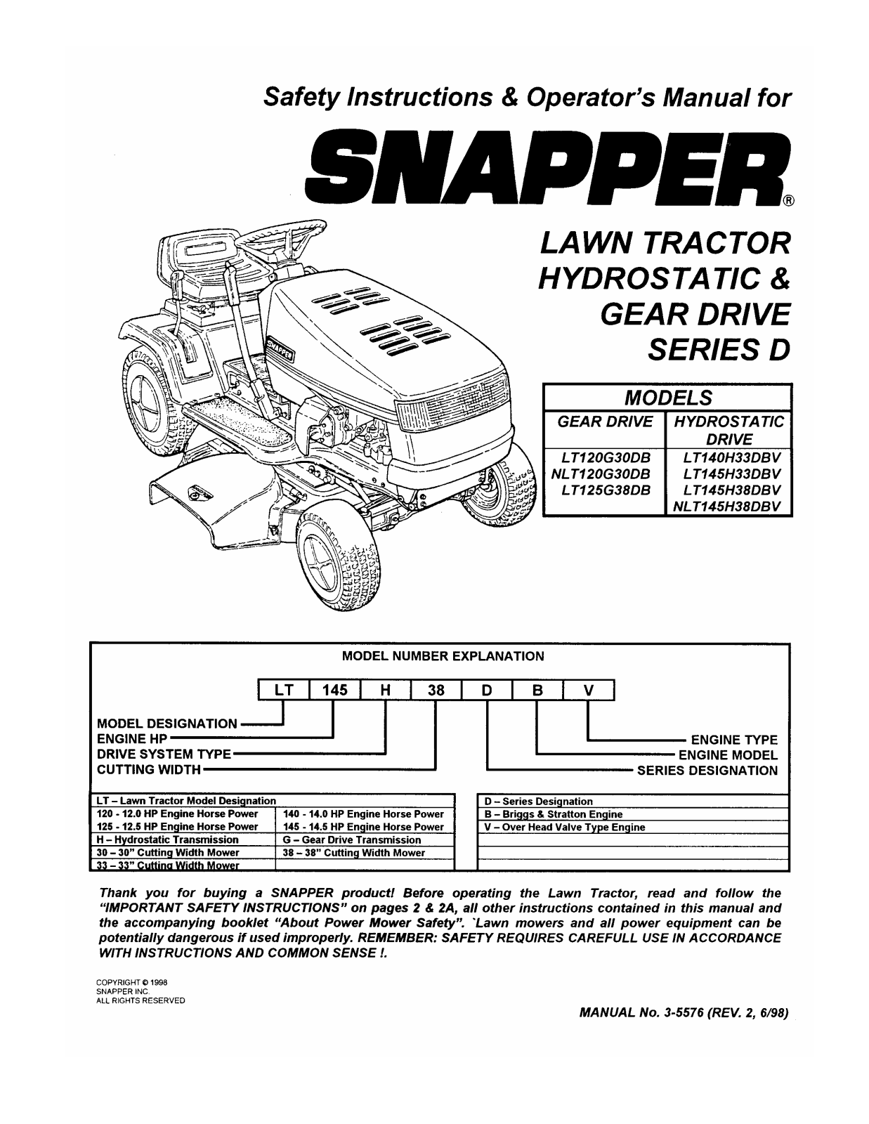 Snapper LT145H33DBV User Manual