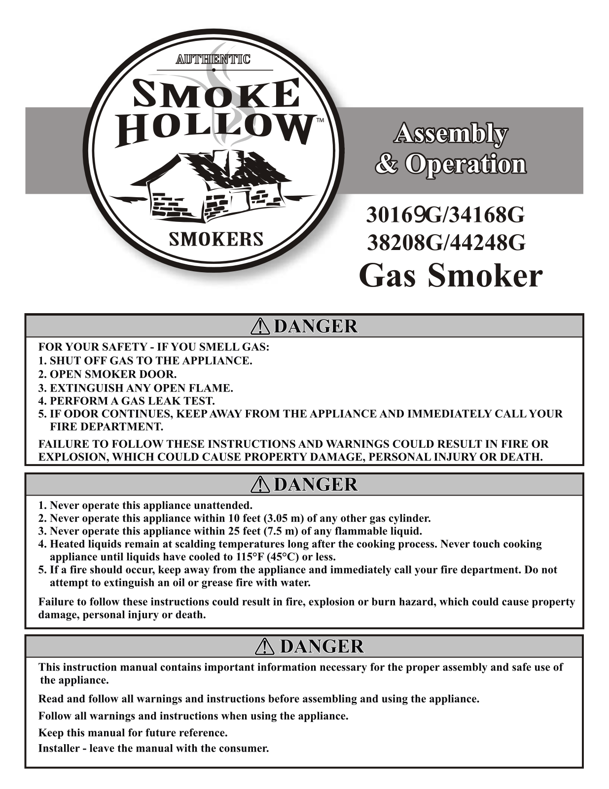 Smoke Hollow 44248g, 34168g, 38208g Owner's Manual