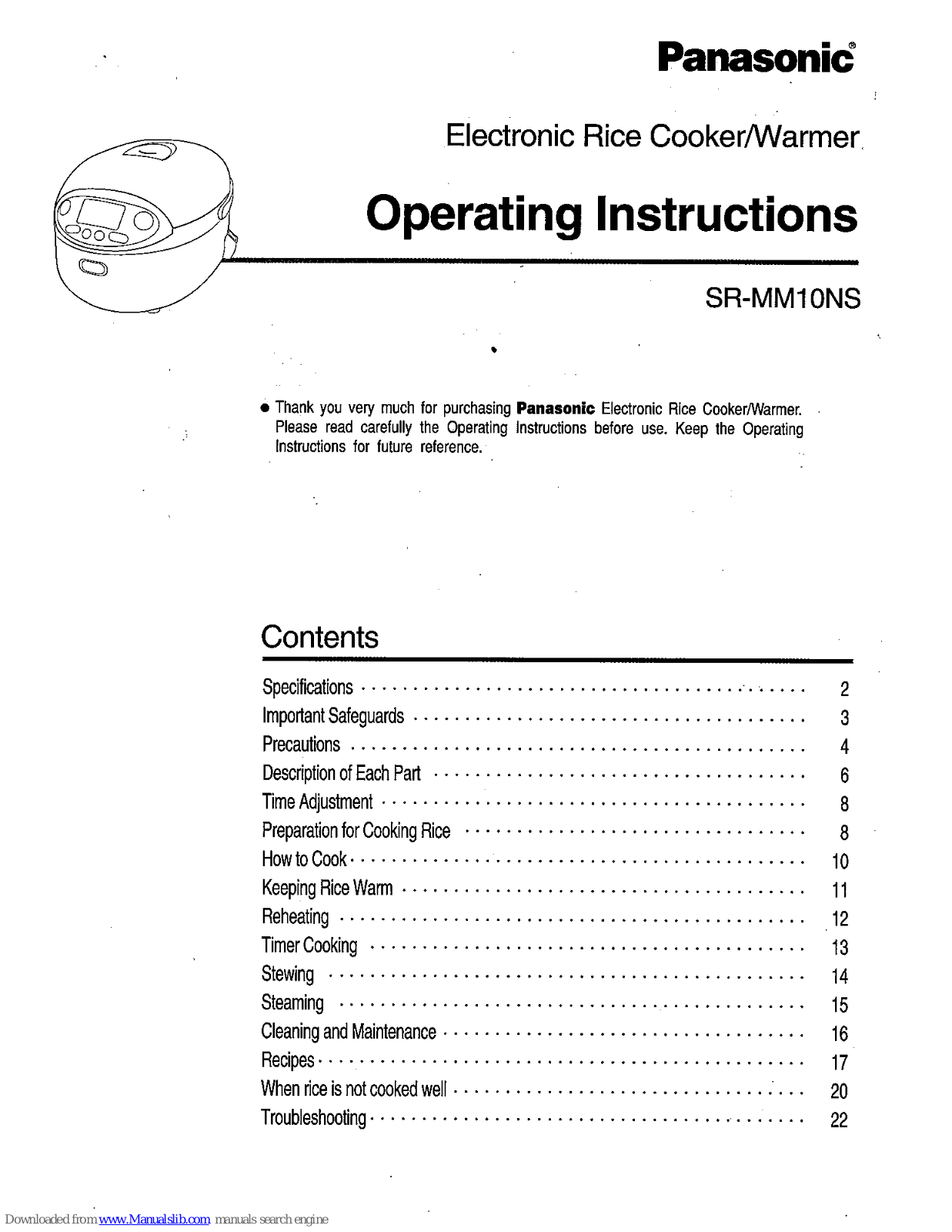 Panasonic NSR-MM10NW-U, SR-MM10NS Operating Instructions Manual