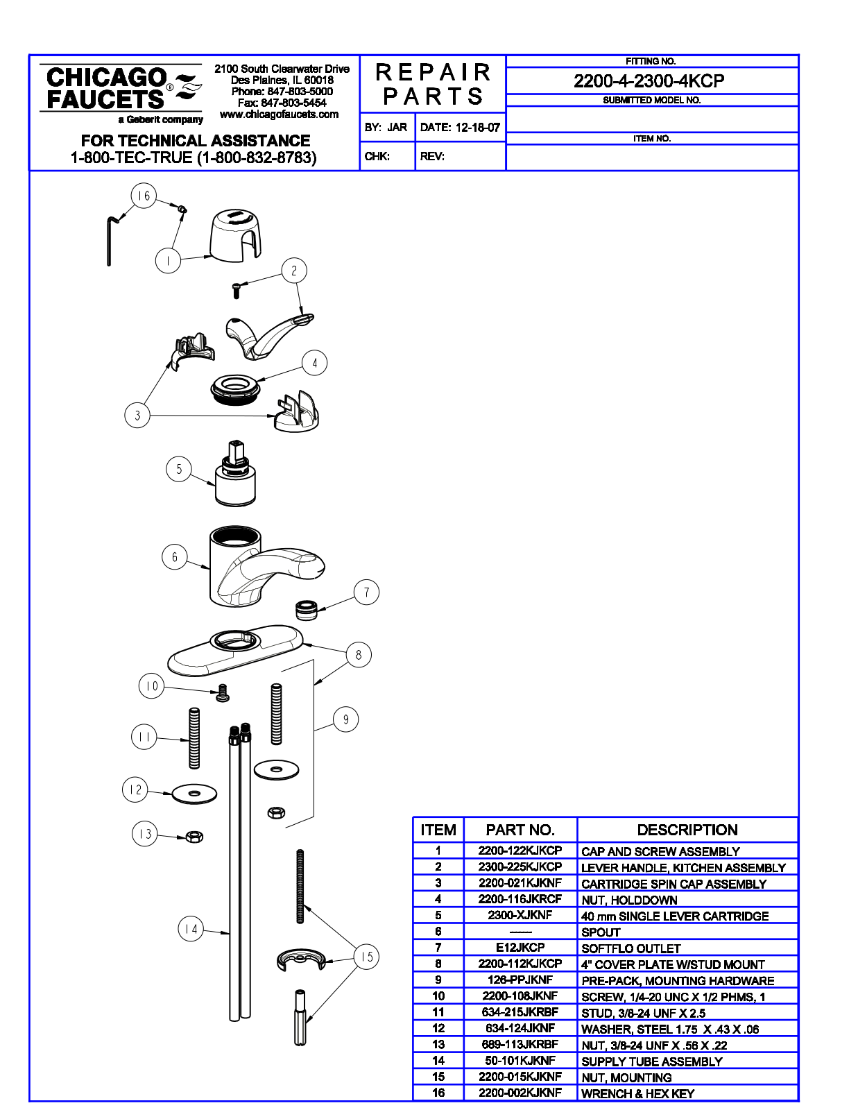 Chicago Faucet 2200-4-2300-4K Parts List