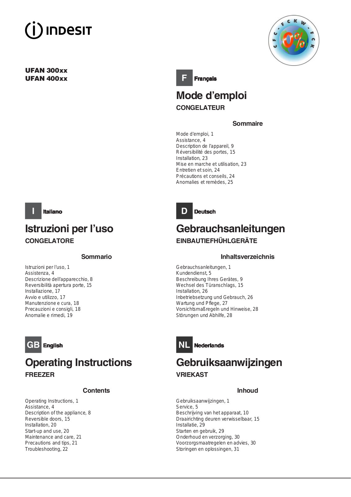 INDESIT UFAN400, UFAN300 User Manual