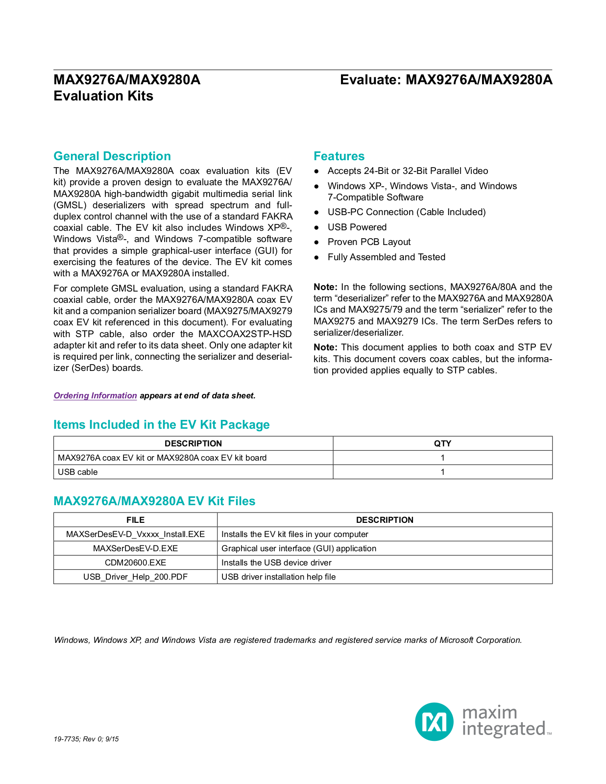 Maxim Integrated MAX9276ACOAXEVKIT, MAX9280ACOAXEVKIT, MAXCOAX2STP-HSD User Manual - ManualMachine.com