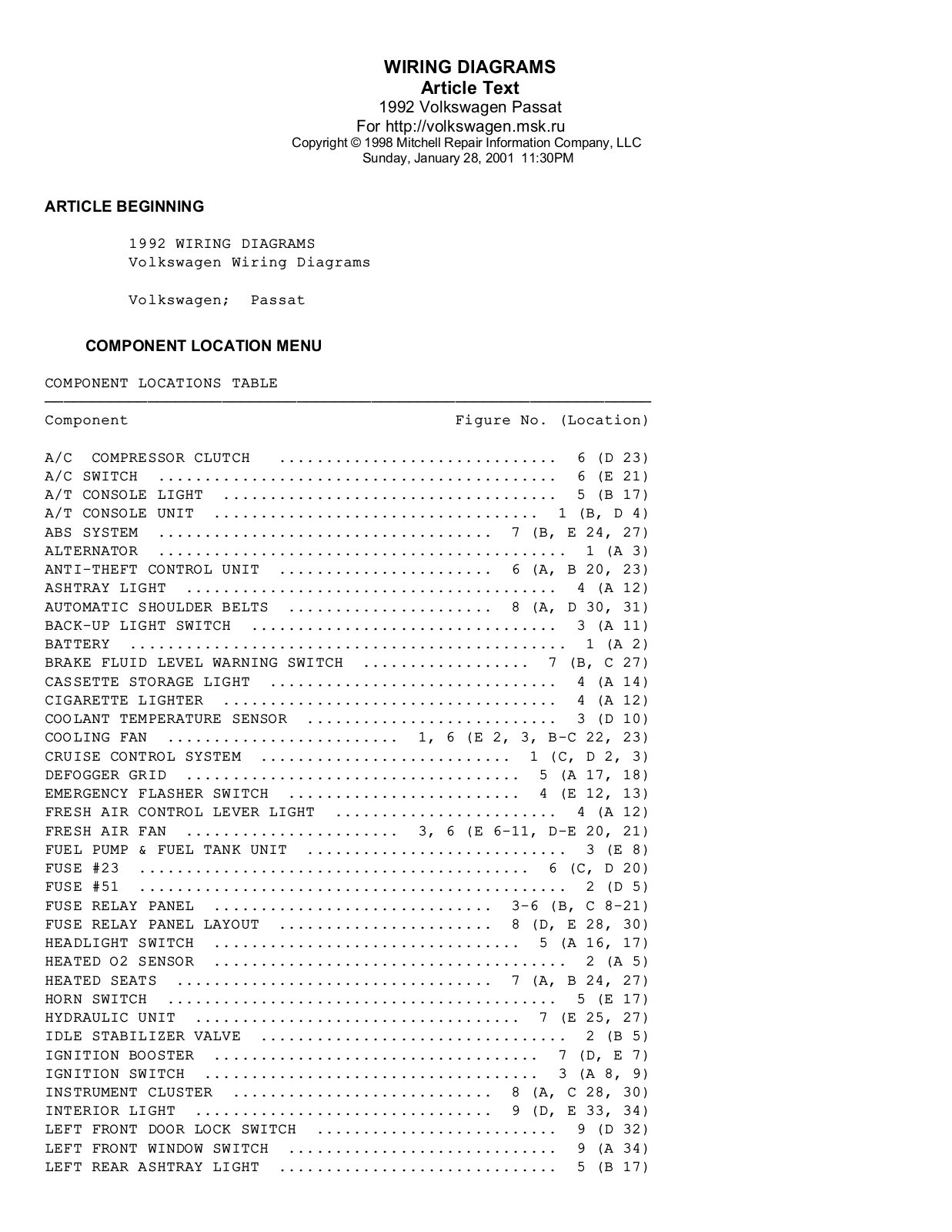 Volkswagen Passat 1992 User Manual