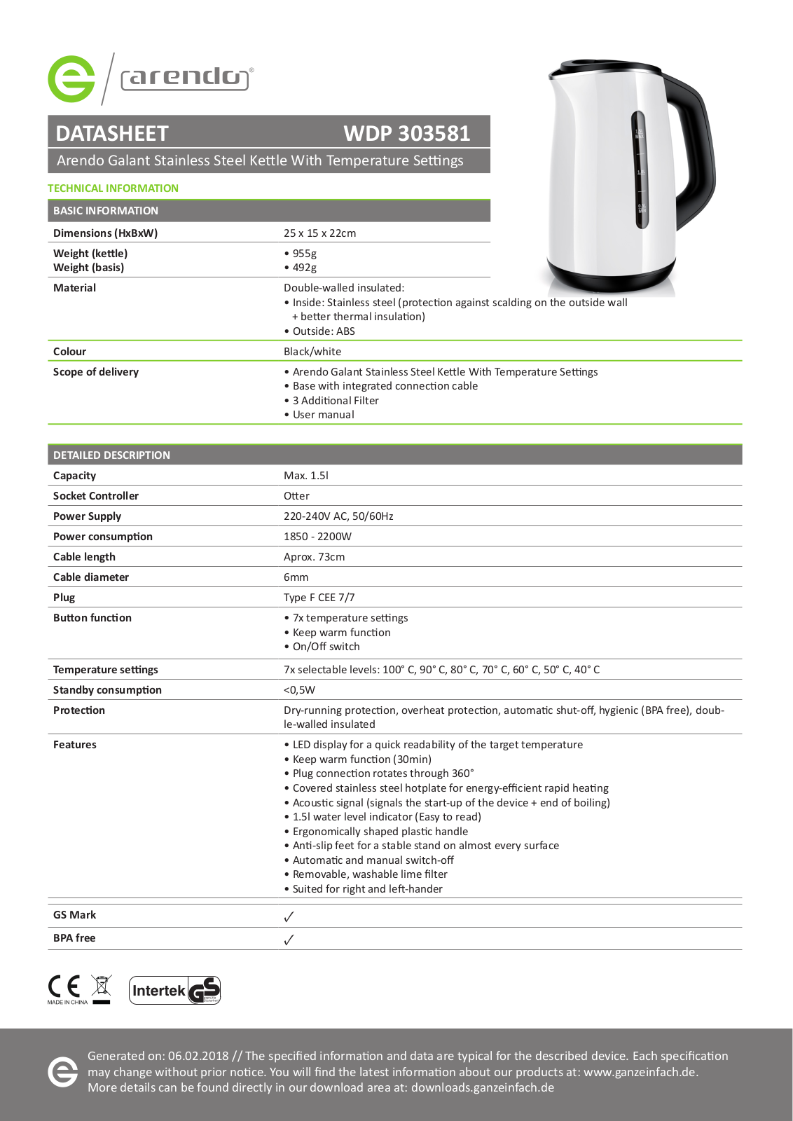 Arendo WDP 303581 data sheet - ManualMachine.com