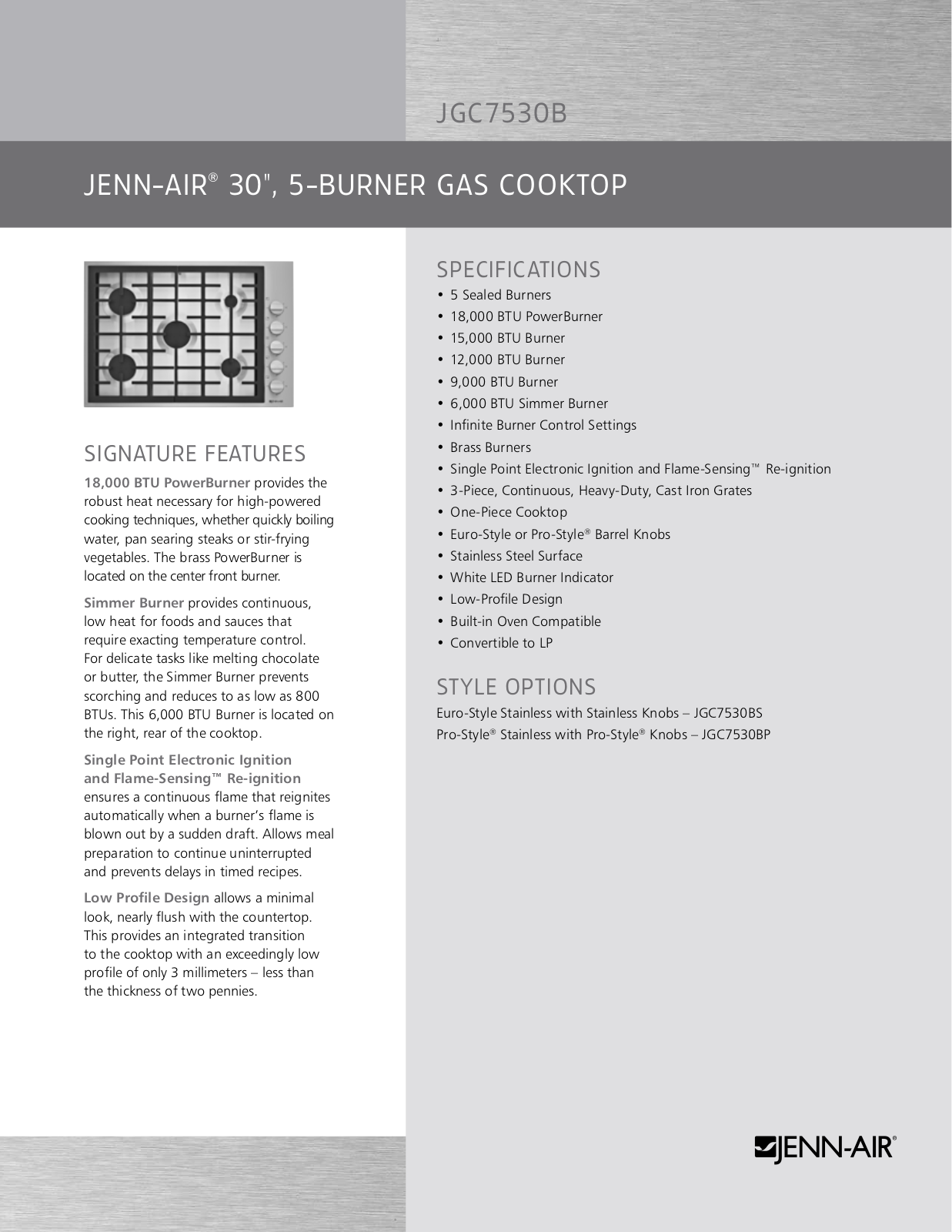 JENN-AIR JGC7530BP, JGC7530BS Specification Sheet