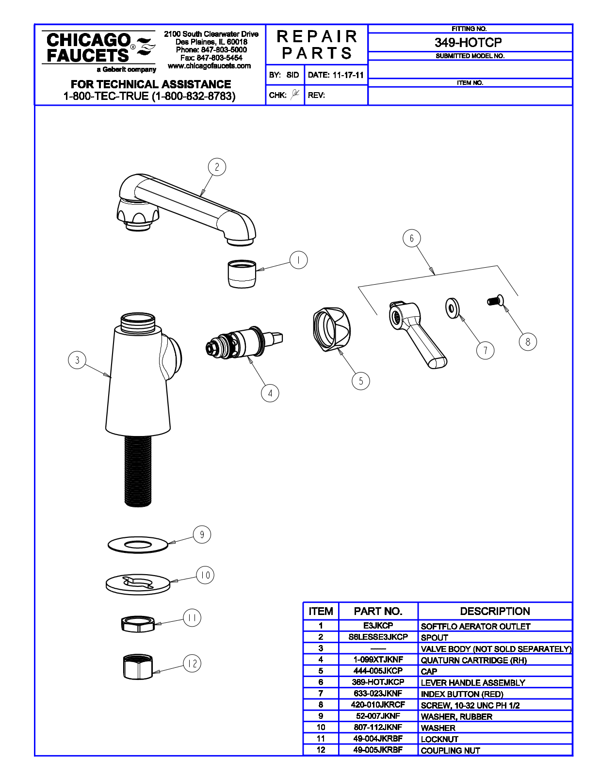 Chicago Faucet 349-HOTCP Parts List