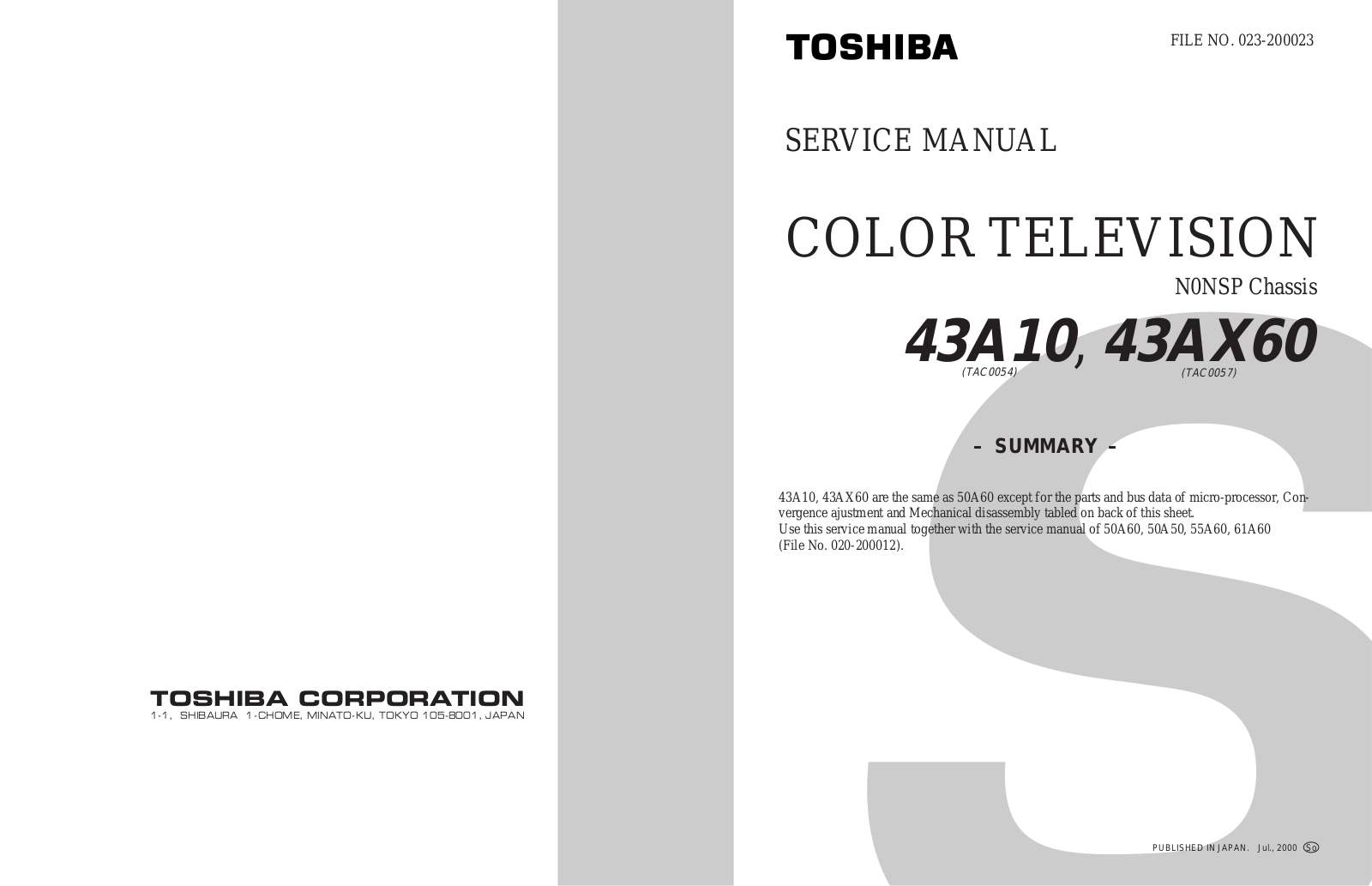 Toshiba 43A10, 43AX60, 50A50, 50A60, 55A60 Schematic