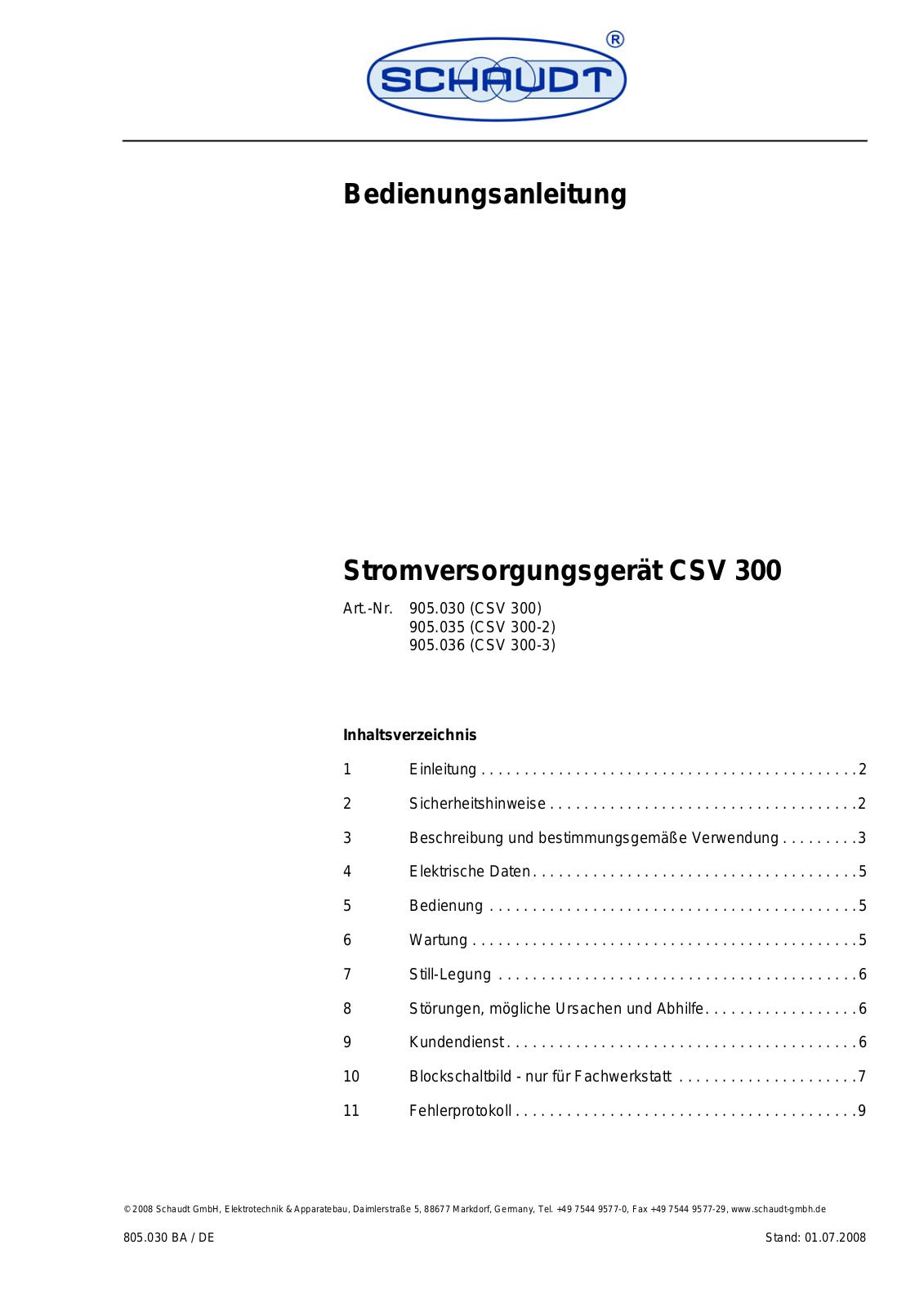 Schaudt CSV 300 Series,CSV 300-3,CSV 300,CSV 300 2B10,CSV 300 2B13,CSV 300-2 Instruction Manual