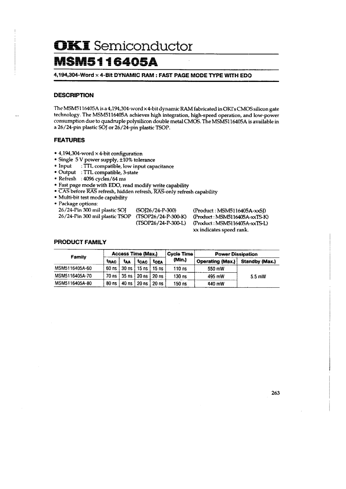 OKI MSM5116405A-60TS-L, MSM5116405A-60SJ, MSM5116405A-80TS-K, MSM5116405A-70TS-L, MSM5116405A-60TS-K Datasheet