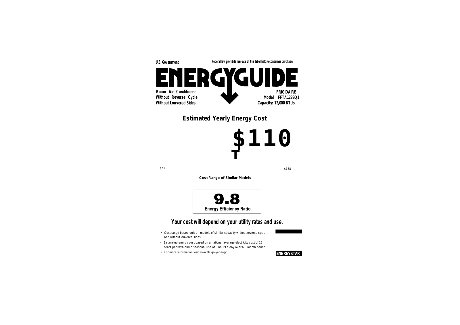 FRIGIDAIRE FFTA1233Q1 User Manual