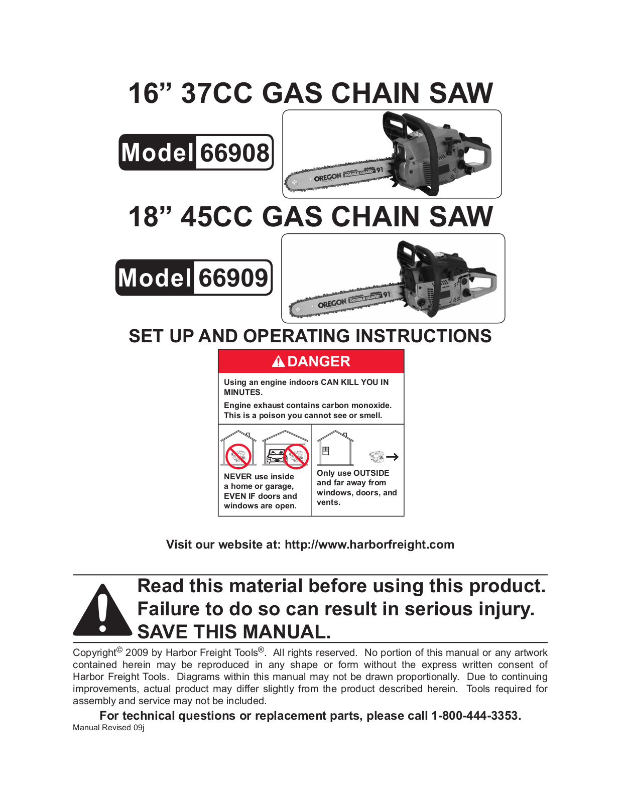 Harbor Freight Tools 66908, 66909 Set Up And Operating Instructions Manual