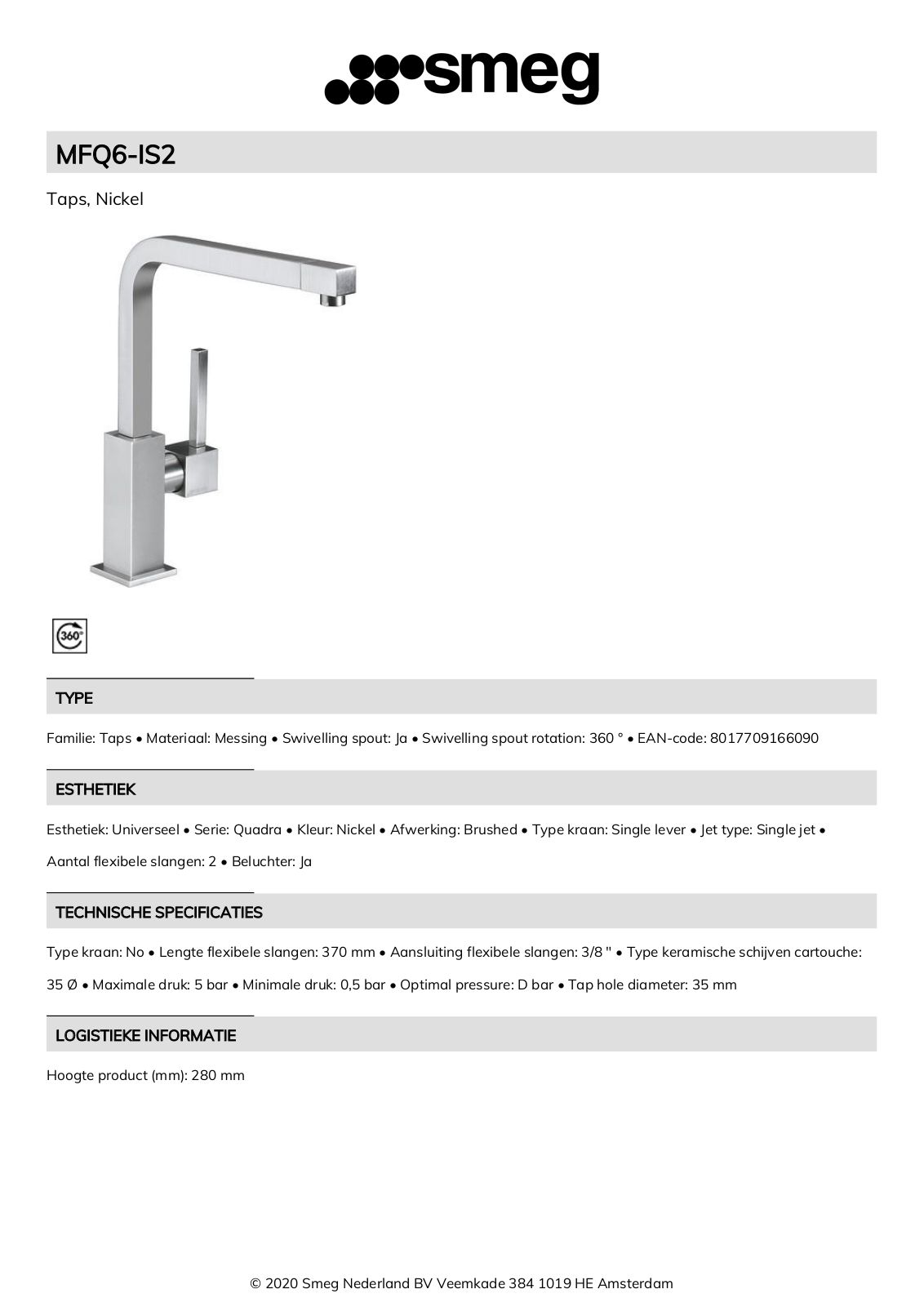 Smeg MFQ6-IS2 Product Information Sheet