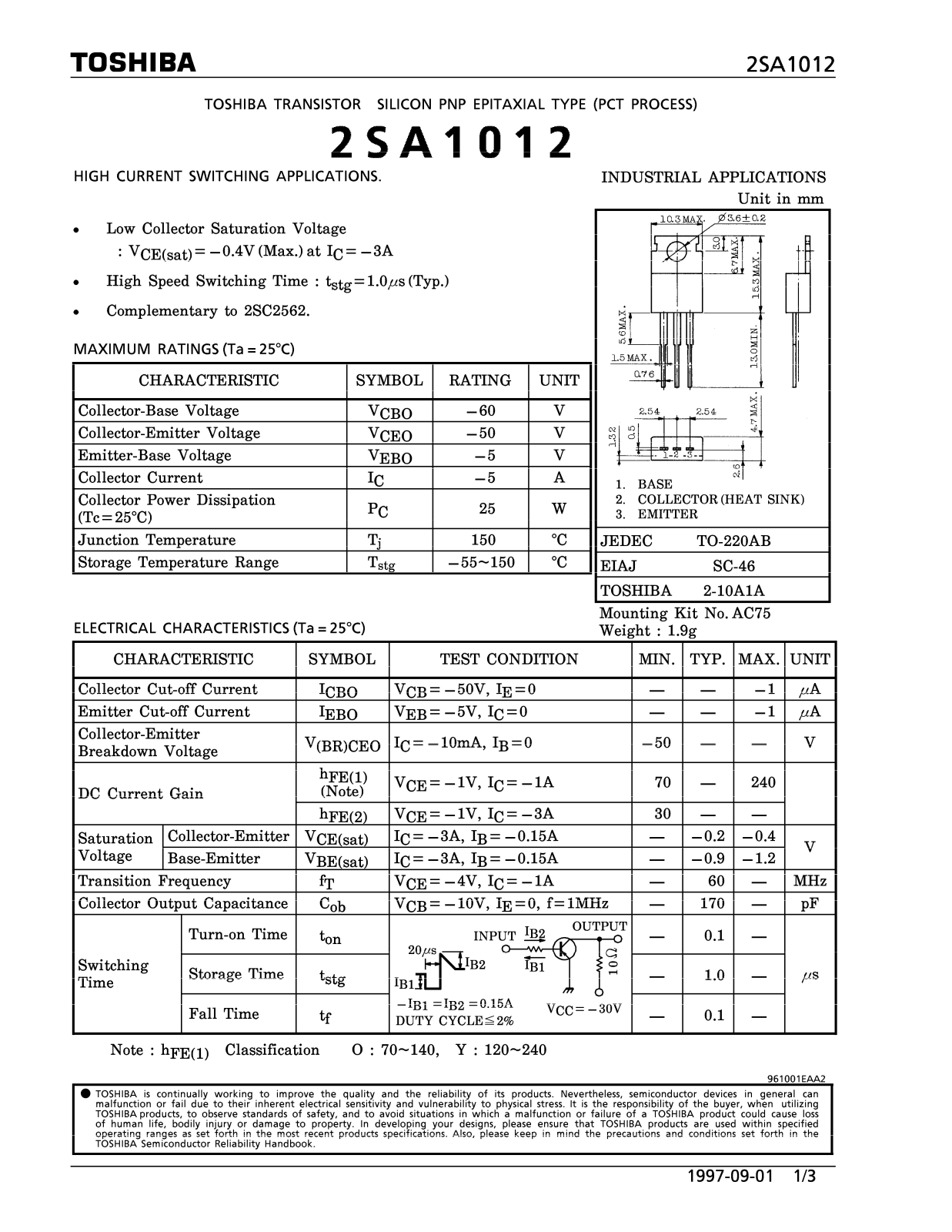 Toshiba 2SA1012 Datasheet