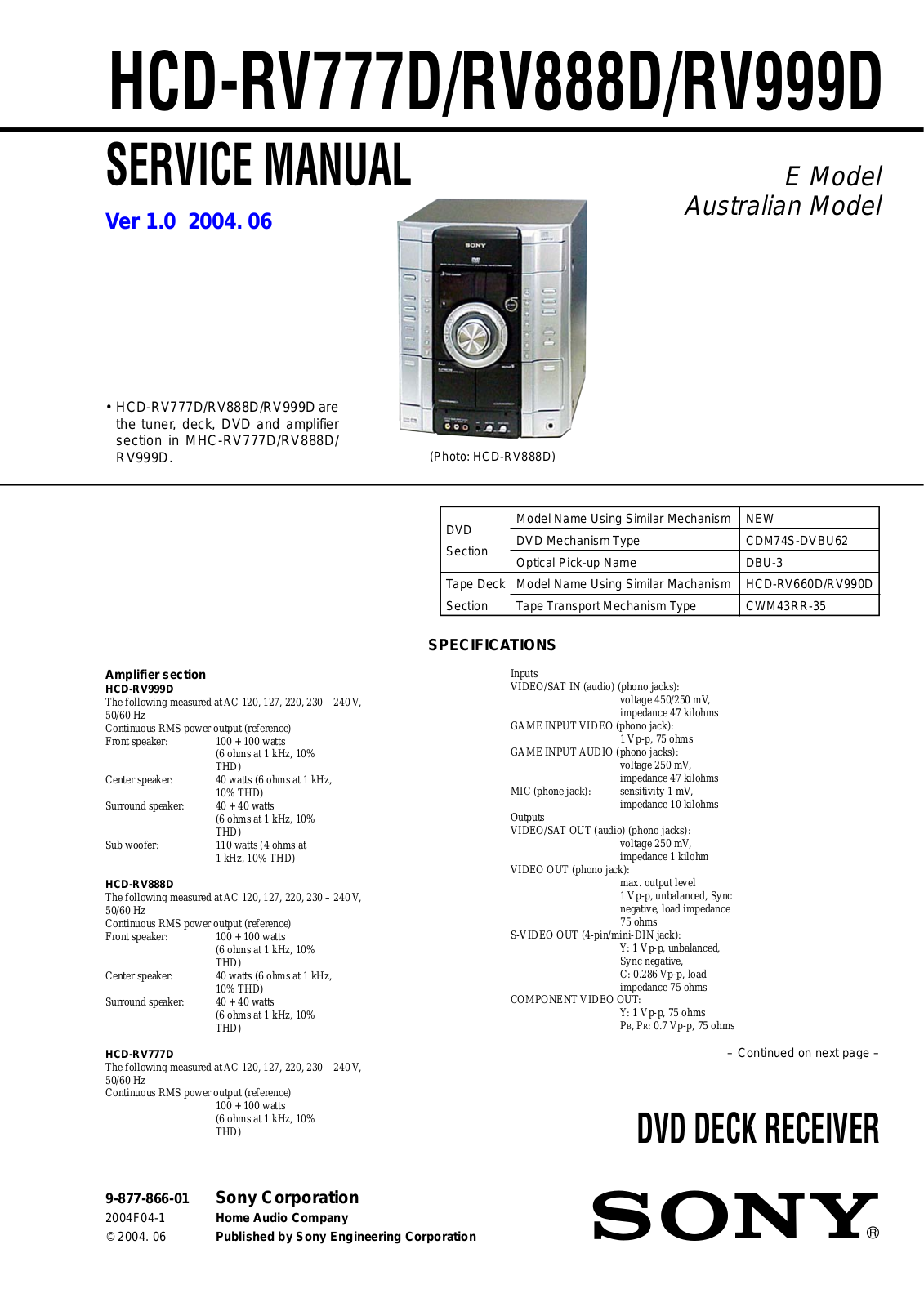 Sony HCD-RV777D, HCD-RV888D, HCD-RV999D Service Manual