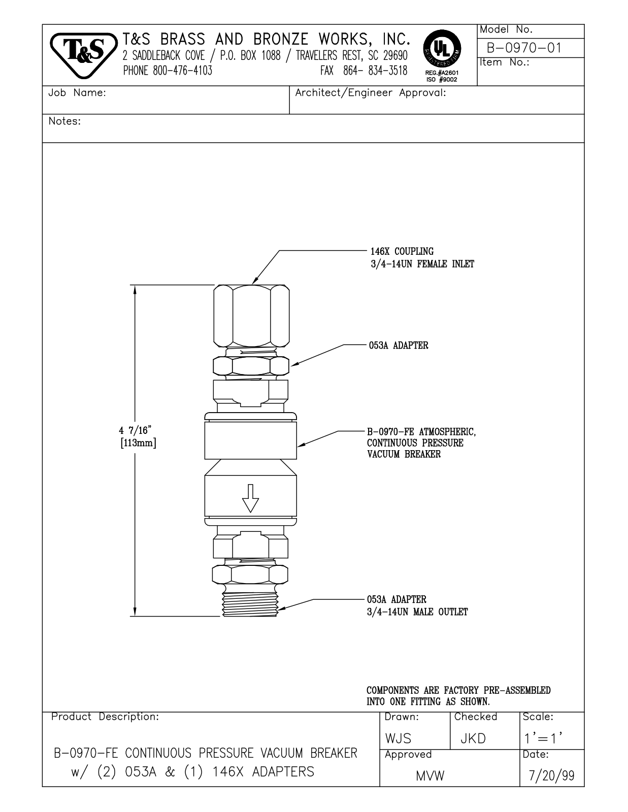 T & S Brass & Bronze Works B-0970-01 General Manual