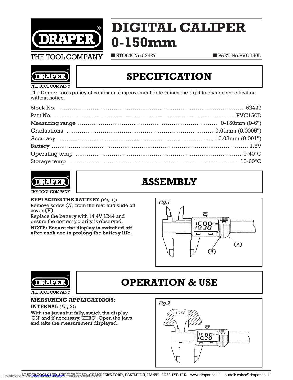 Draper PVC150D Specifications - ManualMachine.com
