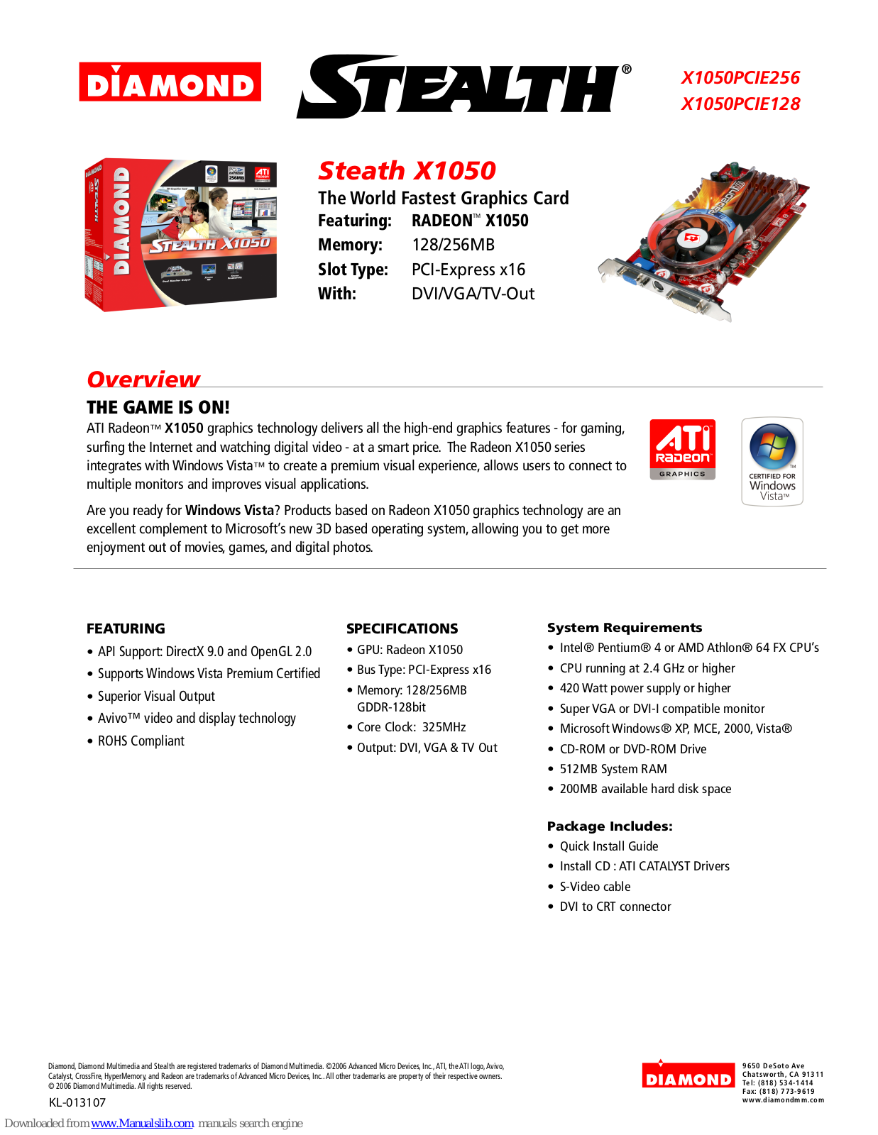 Diamond Multimedia Radeon X1050PCIE128, Radeon X1050PCIE256, Steath X1050PCIE256, Steath X1050PCIE128, Steath X1050 Specification Sheet