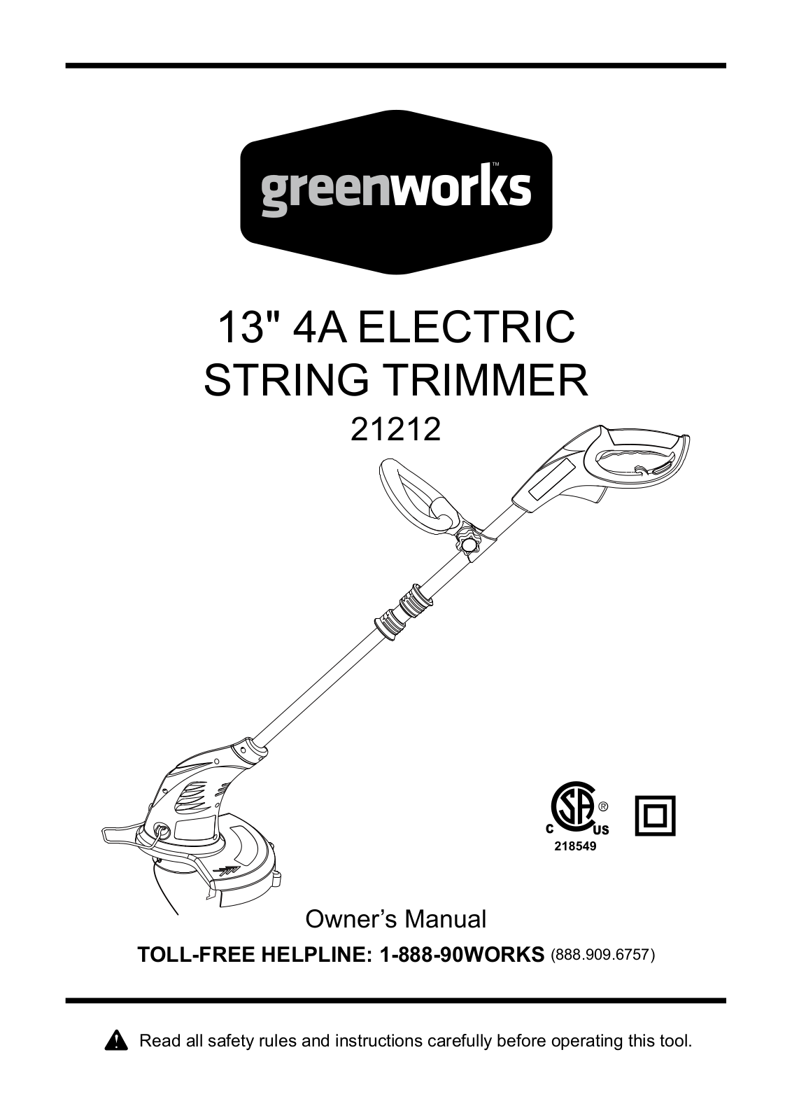 GreenWorks 21212 Owner's Manual