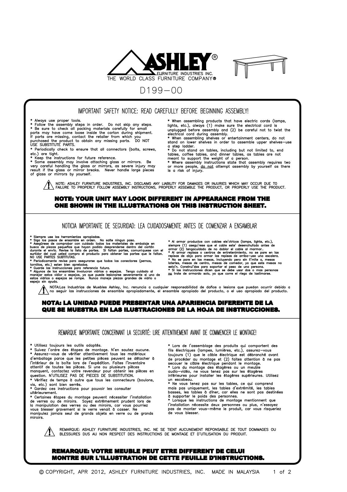 Ashley D19900 Assembly Guide