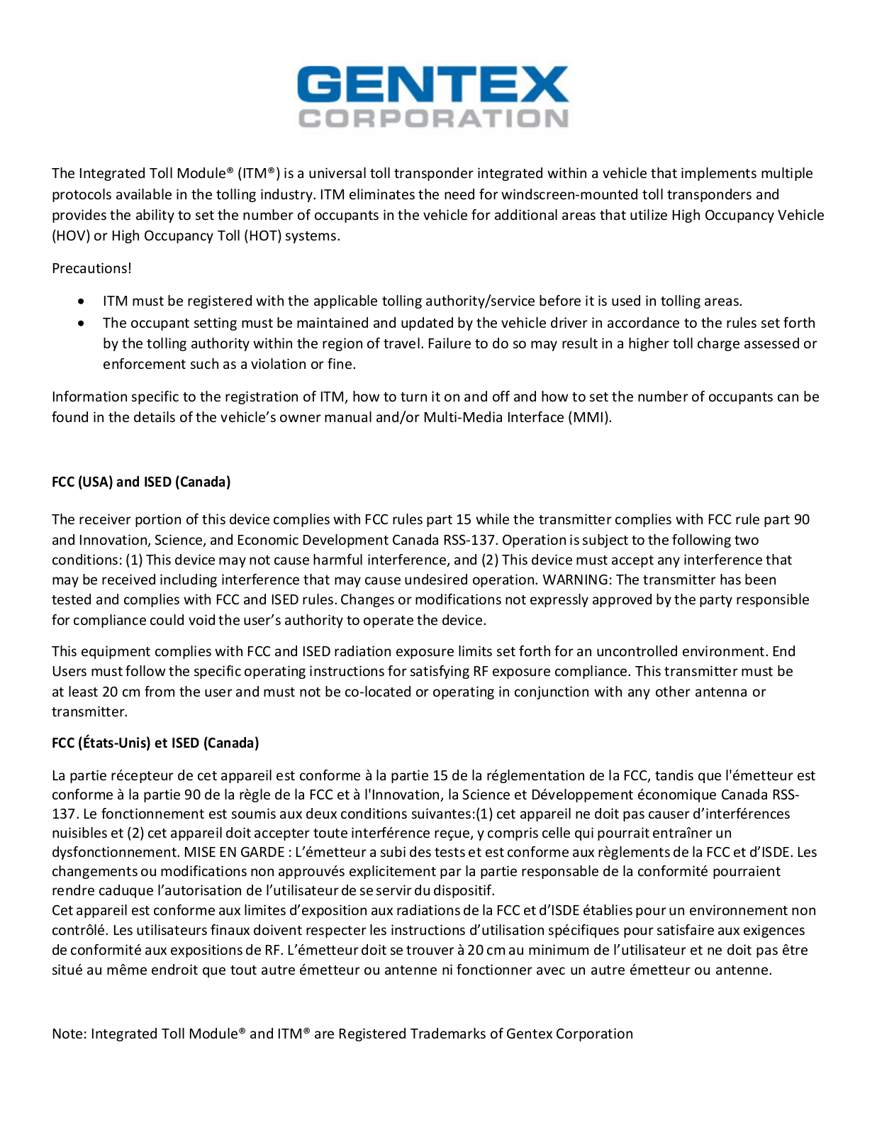 Gentex UAGTMB, UAGTMC Users Manual