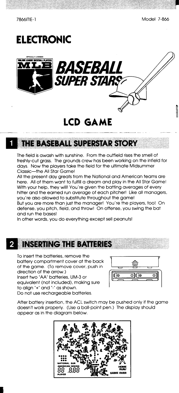 HASBRO Baseball Super Stars Electronic LCD Game User Manual