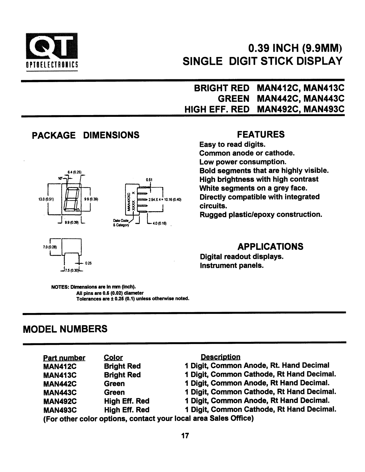 QT MAN493C, MAN443C, MAN442C, MAN413C, MAN492C Datasheet