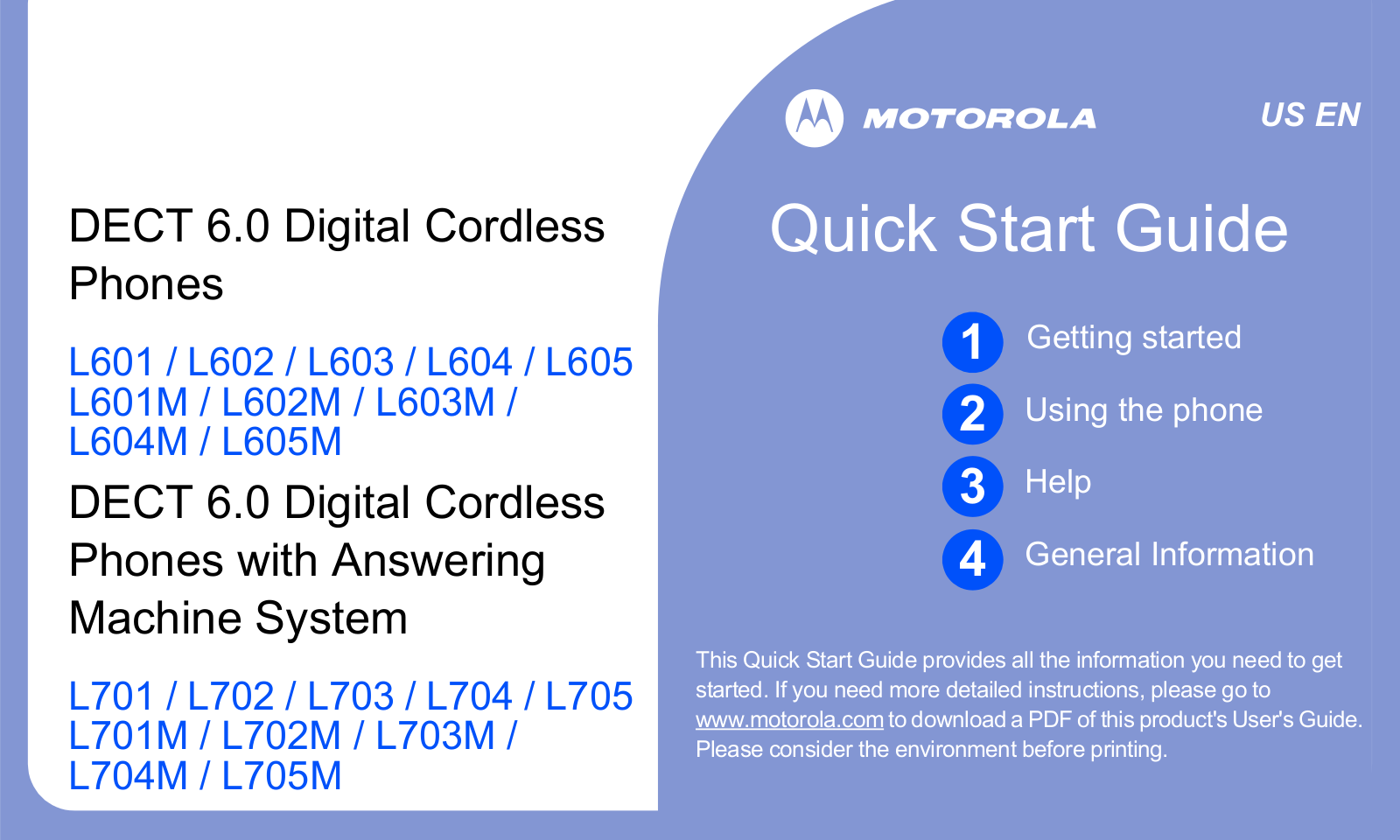 Motorola L601, L601M, L602, L602M, L603 Quick Start Guide