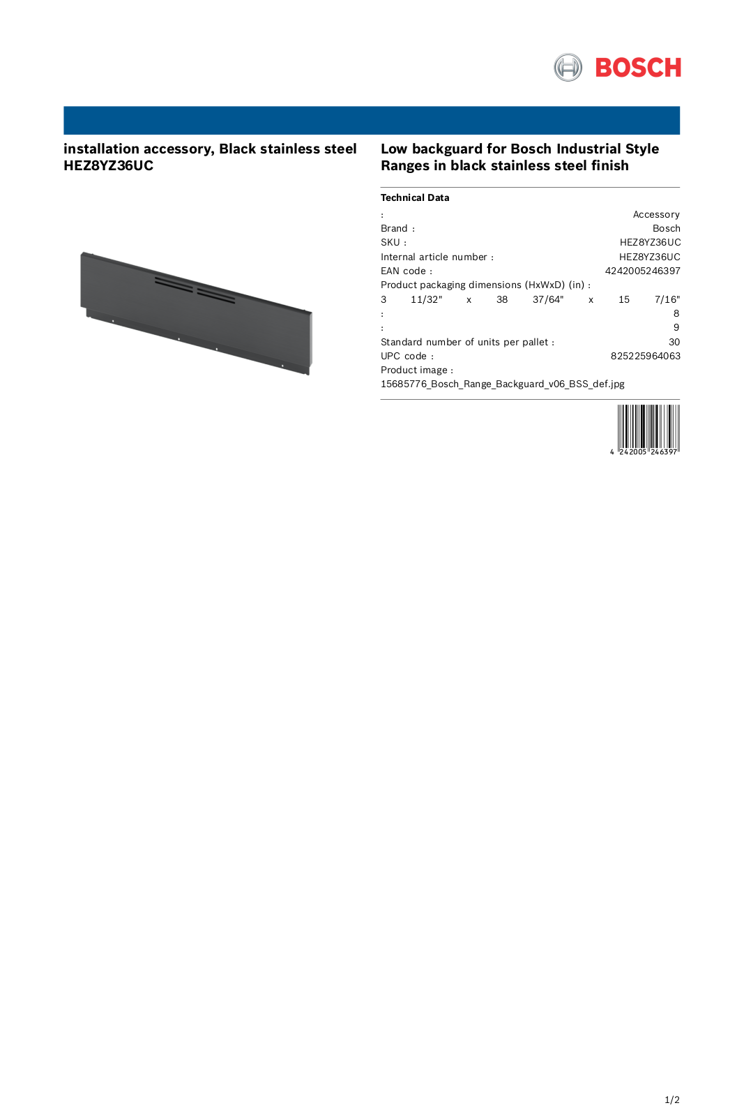 Bosch HEZ8YZ36UC Specification Sheet