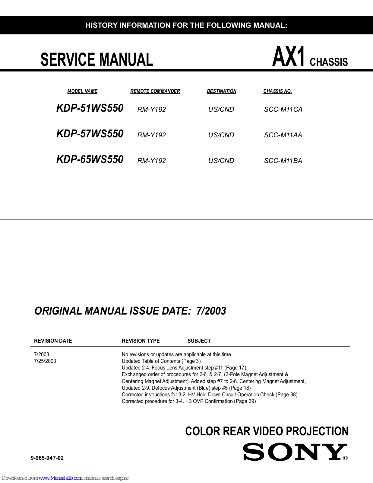 Sony KDP-57WS550, KDP-65WS550, KDP-51WS570 Service Manual