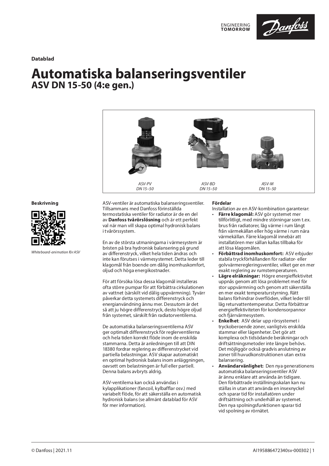 Danfoss ASV-PV DN 15–50, ASV-BD DN 15–50, ASV-M DN 15–50 Data sheet