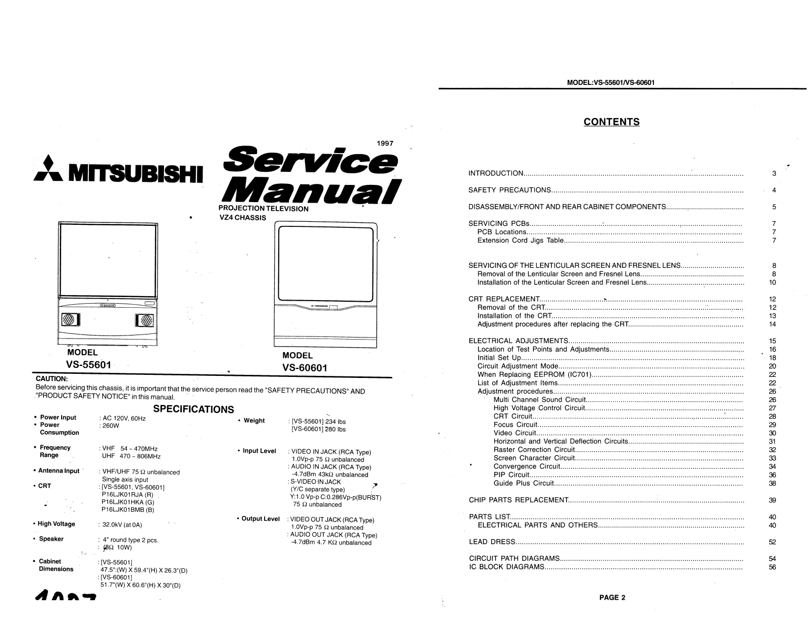 Mitsubishi VS55601, VS60601 Service Manual