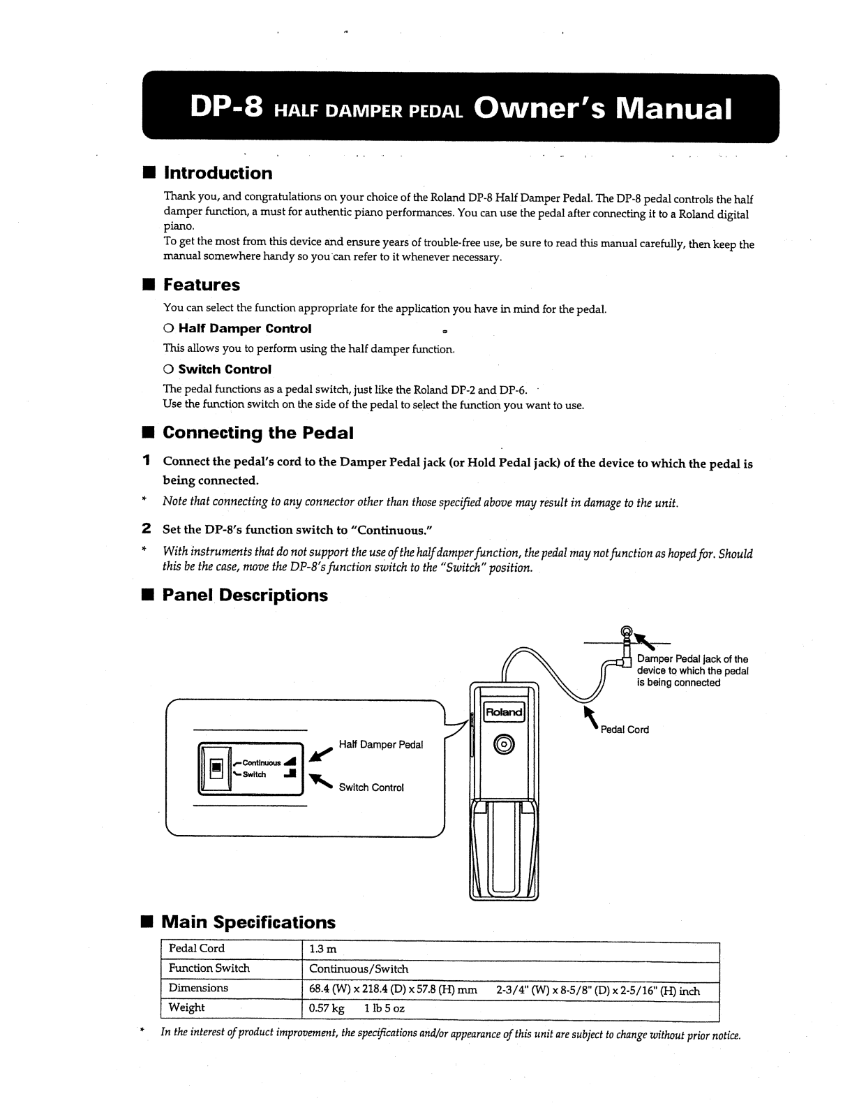 Roland Corporation DP-8 Owner's Manual