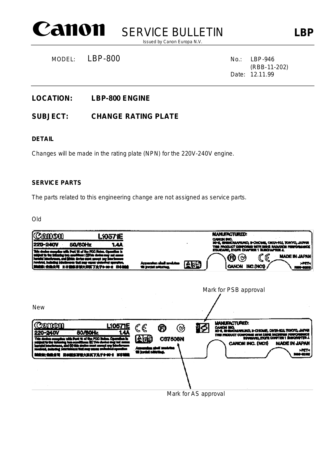 CANON lbp-946 SERVICE BULLETIN