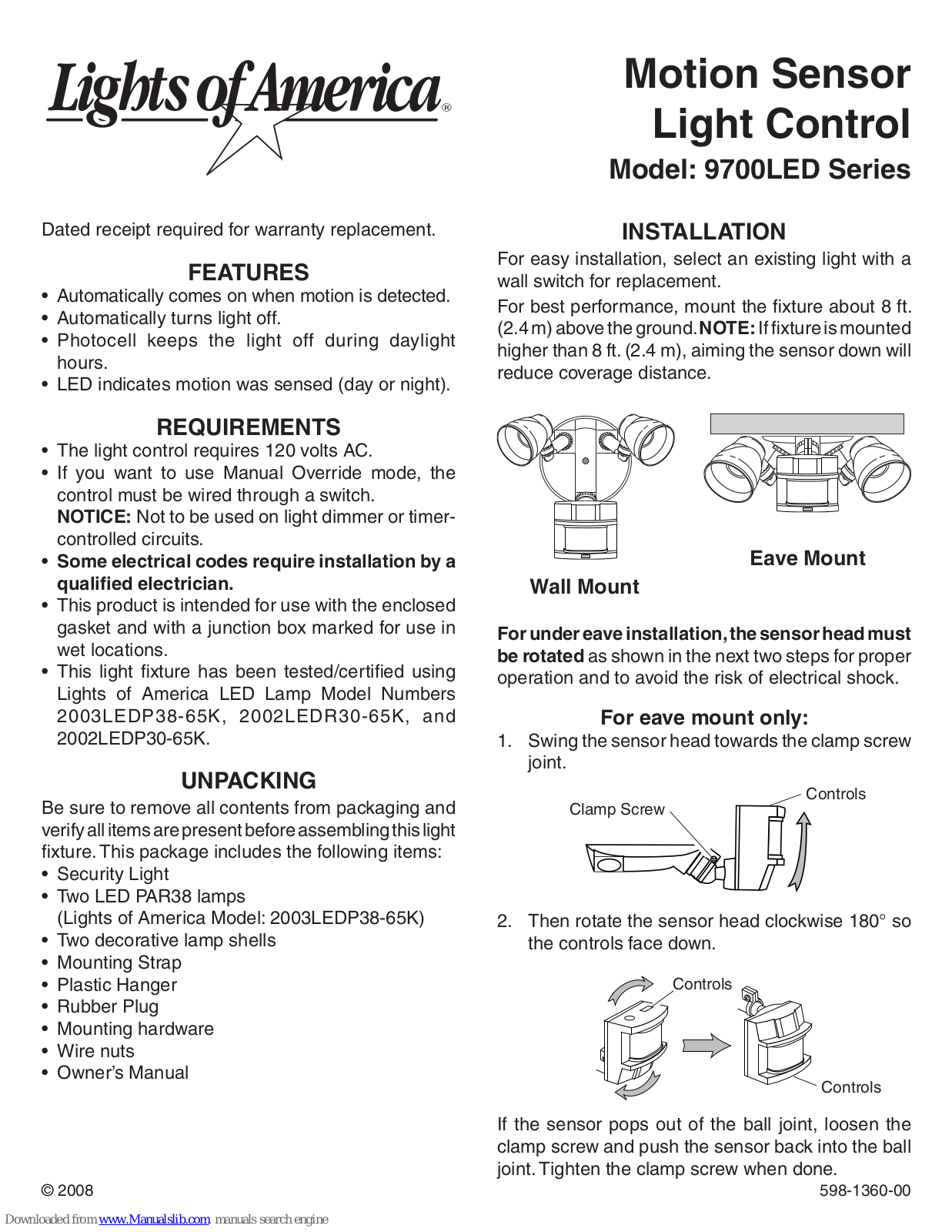 Lights of America Motion Sensor Light Control 9700LeD, 9700LED Series Owner's Manual