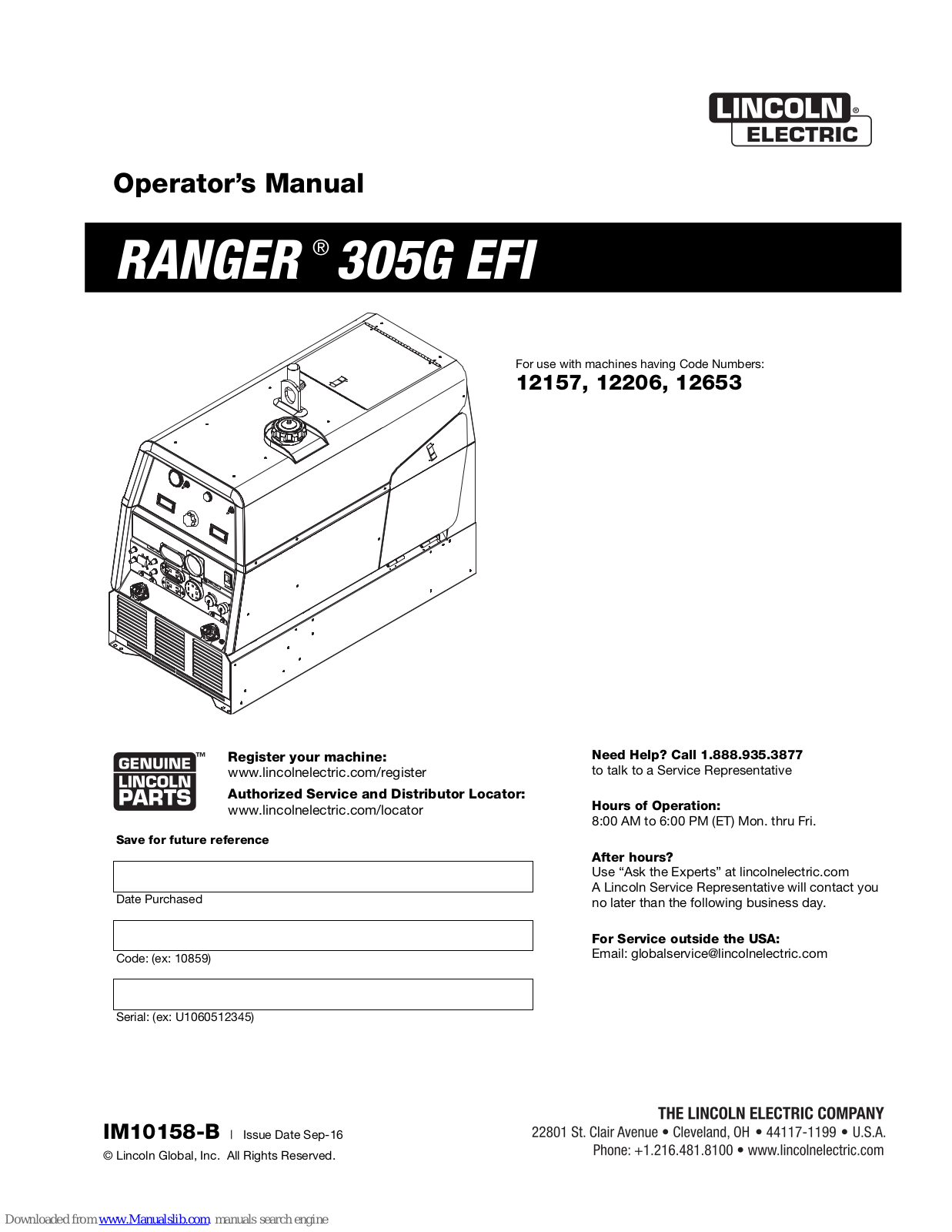 Lincoln Electric RANGER 305G EFI 12157, RANGER 305G EFI 12206, RANGER 305G EFI 12653 Operator's Manual