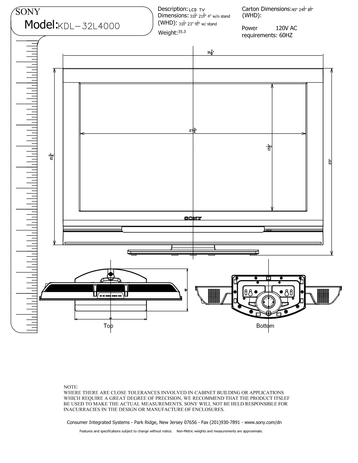 Sony KDL-32L4000 Dimensions Diagram