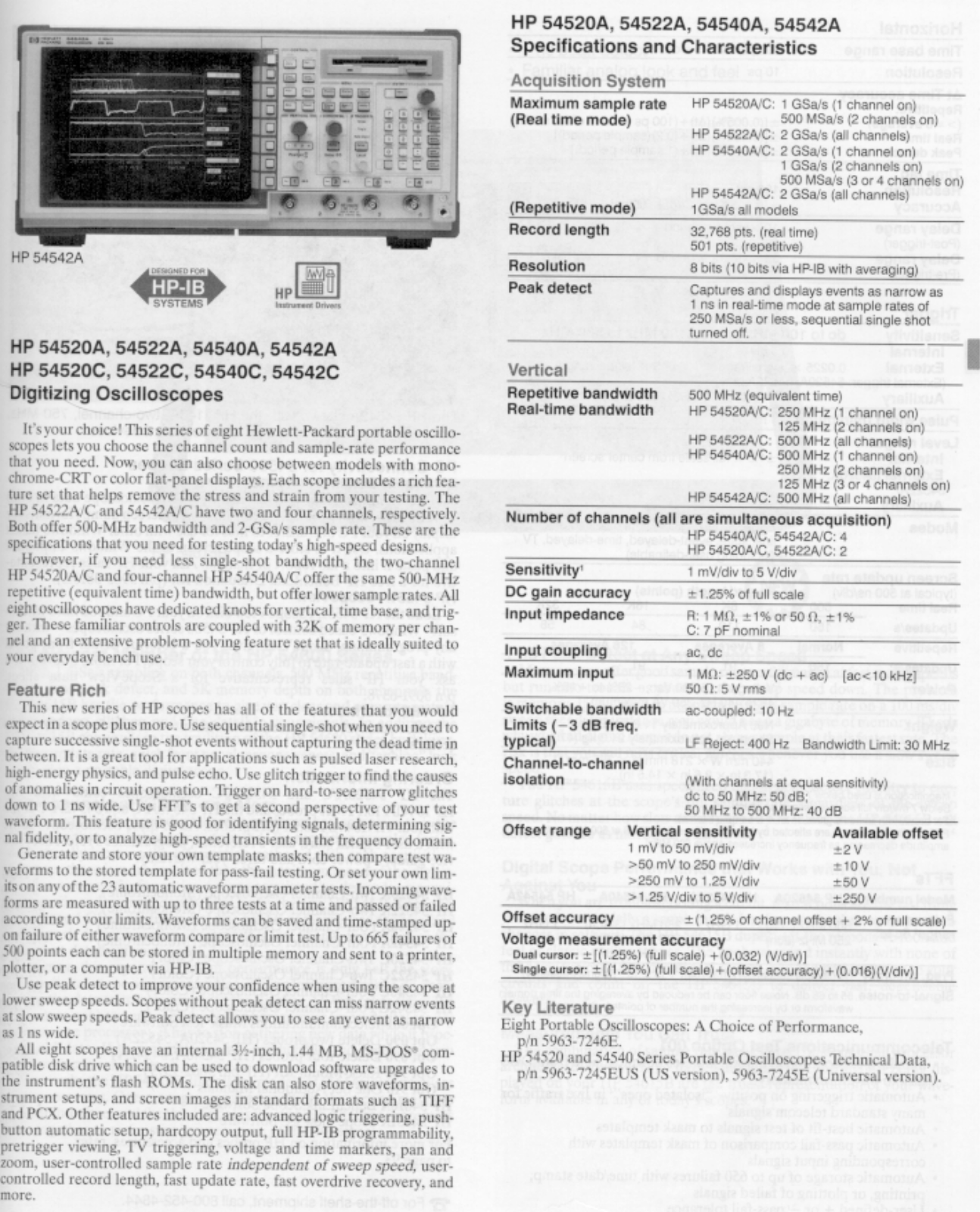 Agilent 54520A Specifications and Characteristics