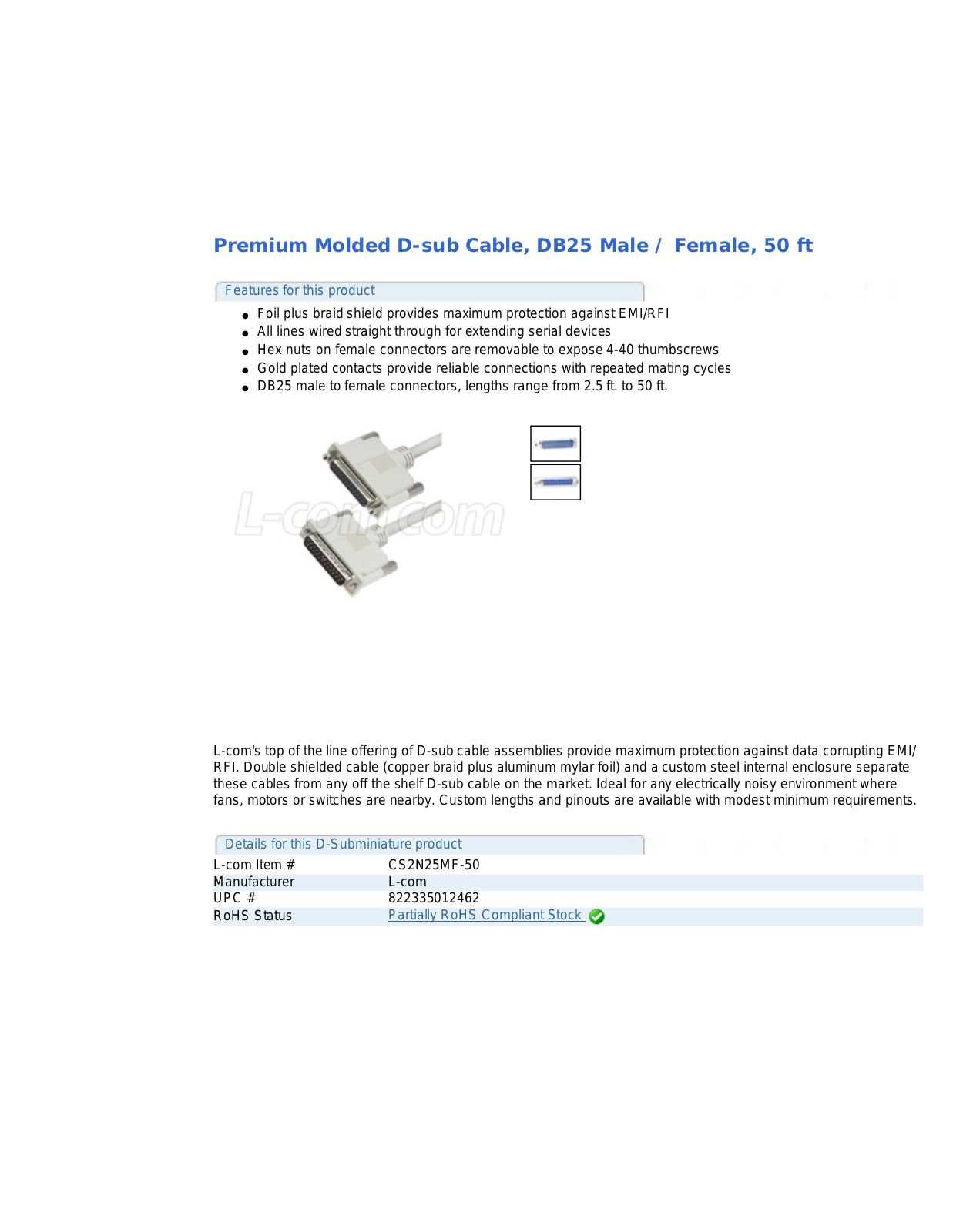 L-com DB25 Male-Female 50 ft User Manual - ManualMachine.com
