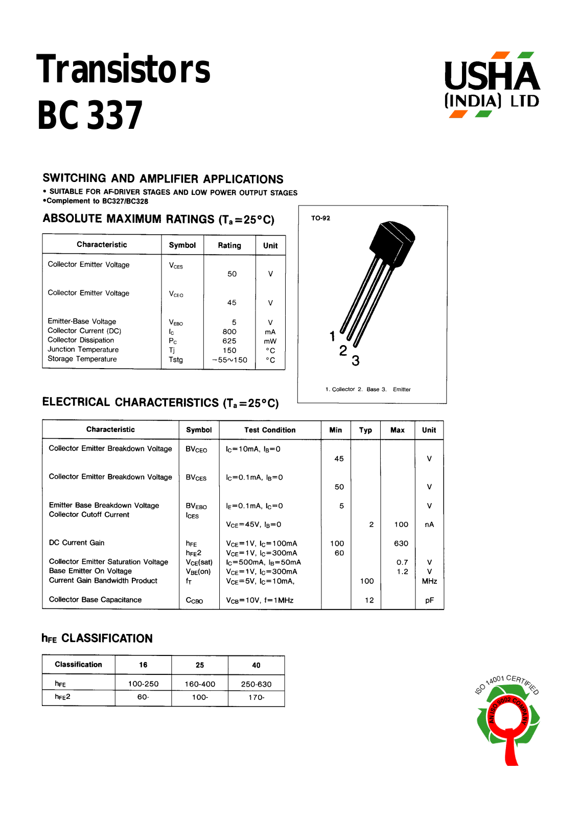 USHA BC337 Datasheet